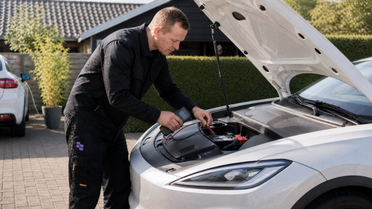 BoxNow-mekaniker måler elbilens 12V-batteri med et multimeter i indkørslen